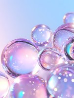 Luminescent spheres with iridescent reflections in pink and blue tones create dreamy abstract macro composition, soft focus highlights magical atmosphere.