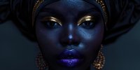 Close up portrait of African woman with dark skin wearing traditional headwrap and gold jewelry, dramatic makeup with purple lips and gold eyeshadow against black background.