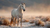 Majestic white horse standing in misty morning landscape with frost-covered vegetation and golden light creating atmospheric wilderness scene.