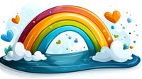 Vibrant rainbow arch over fluffy clouds with colorful heart shapes floating in sky, cartoon style illustration on blue background for children decoration.