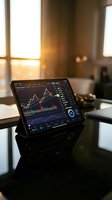 Digital tablet displaying financial trading charts and market data analysis on modern office desk with warm sunlight streaming through windows.