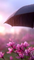 Raindrops falling on black umbrella over blooming pink magnolia flowers in spring garden during sunset, creating romantic atmospheric scene with soft purple sky.
