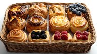 Fresh pastries in wicker basket including cinnamon rolls, fruit danishes with berries, and cream cheese swirls arranged neatly for bakery display or breakfast buffet.