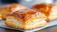 Flaky golden puff pastry with glossy caramelized top shows delicate layers of buttery dough. Close up view of fresh baked French pastries on white surface.