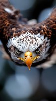 Intense close-up portrait of an eagle with piercing yellow eyes and sharp orange beak against blurred background, showcasing fierce predatory expression and detailed feathers.