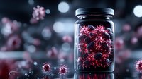 Microscopic virus cells in glass jar, red glowing coronavirus particles on dark background with bokeh lights, scientific medical research concept.