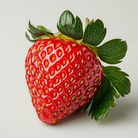 Fresh ripe strawberry with green leaves on light background, macro shot showing detailed texture and natural pattern of red fruit.