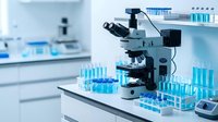 Modern laboratory microscope with blue test tubes and scientific equipment on white counter in sterile research facility for medical analysis and experiments.