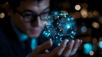 Asian businessman in suit holding glowing digital globe hologram with network connections, illuminated by blue technology lights against dark background with bokeh effect.