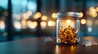 Glass jar filled with glowing golden fish oil omega-3 capsules on wooden table against blurred bokeh lights background, wellness and health supplement concept.