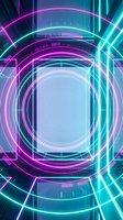 Neon glowing circles in magenta and cyan create a futuristic tunnel effect with concentric rings and light rays on dark background. Perfect for tech, gaming, and digital design projects.