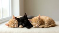 Three adorable kittens sleeping peacefully together on soft fabric near bright window. Orange tabby and black fluffy cats resting in cozy home interior.