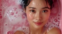 Beauty portrait of young Asian woman with glowing skin and natural makeup surrounded by water bubbles on pink background, perfect for cosmetic and skincare advertising.