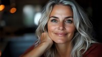 Confident mature Caucasian woman with platinum blonde hair and natural makeup smiling warmly at camera in soft evening lighting, expressing joy and contentment.