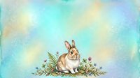 Cute rabbit surrounded by green foliage and wildflowers on soft pastel watercolor background. Isolated artwork suitable for nursery decor, children's books, greeting cards, and fabric design projects.
