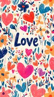 Romantic seamless pattern with hearts, flowers and love lettering in pink, blue and orange colors. Floral background design for valentines cards and wrapping paper.