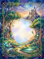 Enchanted fairy tale landscape with castle, cottage and magical forest in ornate golden frame for fantasy storytelling and children's book illustrations.