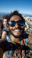 Happy young African American man with dreadlocks taking selfie with friends on mountain overlooking coastal city, wearing sunglasses and colorful necklaces.