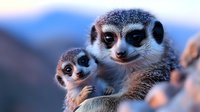 Adorable meerkat mother and baby showing affection in natural habitat against blurred blue background, displaying nurturing behavior and family bonding in wildlife.