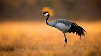 Grey crowned crane standing in golden grass during sunset, distinctive yellow crown feathers spread against warm orange background, wildlife photography.