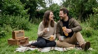 Two adults enjoying outdoor picnic on grass with vintage radio and refreshments, surrounded by lush green trees and natural landscape setting.