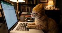 Orange tabby cat wearing knitted beanie hat working on laptop computer in cozy home office with warm lighting and bookshelves in background.