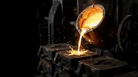 Molten metal pouring from industrial ladle into casting molds in foundry workshop with sparks and glowing orange liquid steel for manufacturing processes.