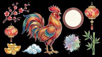 Colorful Chinese New Year rooster clipart set with lanterns, cherry blossom, bamboo, fireworks, and gold ingots, isolated on transparent background, ready for T-shirts and print on demand.