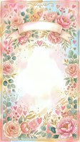Watercolor floral frame with pink roses, peonies, hearts, and decorative ribbon banner on white background. Isolated design element suitable for greeting cards, invitations, posters, and digital projects.