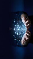 Businessman hands holding glowing digital network connections with circuit board patterns on dark blue background for technology presentations.