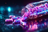 Glowing pink and purple capsule pills spilling from glass bottle on reflective surface with magical sparkles and bokeh lights in neon colors.