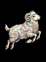 Ornamental ram with curved horns leaping in mid-jump, featuring intricate swirling patterns in cream, gold, coral, and blue. Isolated on transparent background, ready for t-shirts, stickers, clipart, and print-on-demand designs.