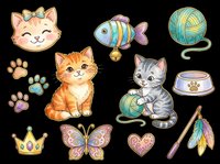 Cute kitten clipart set with cats, paw prints, yarn, fish, butterfly, crown, and heart, isolated on transparent background. Great for stickers, t-shirt design, print on demand.