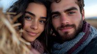 Young couple embracing outdoors in winter clothing, smiling at camera with warm expressions during golden hour light for lifestyle and relationship content.