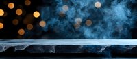 Dramatic dark surface with rising blue smoke and golden bokeh lights against black background, creating mysterious atmospheric scene for product display.