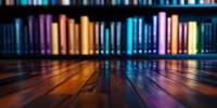 Colorful blurred bookshelf background with wooden table in foreground, creating dramatic perspective and bokeh effect. Multicolored book spines cast vibrant reflections.