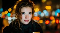 Young woman with wavy brown hair in black turtleneck against blurred city lights bokeh background at night creating warm atmospheric urban portrait.