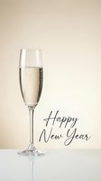 Champagne flute with bubbles on beige background with Happy New Year calligraphy text, elegant holiday celebration greeting card.