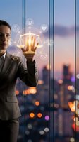 Professional businesswoman holding glowing justice scales with digital icons in modern office overlooking city skyline at dusk for legal technology concepts.