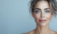 Mature Caucasian woman with natural makeup, blonde hair and blue eyes smiling confidently against light blue background. Clean skincare and beauty portrait.