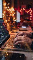 Developer typing code on laptop keyboard with glowing bokeh lights in festive decorated workspace, warm ambiance for tech and holiday themes.