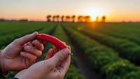 Farmer hands holding fresh red chili pepper at sunset in agricultural field with green crop rows stretching toward golden horizon for organic farming.