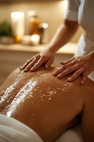 Professional massage therapist applying salt scrub treatment during luxury spa procedure. Soft warm lighting creates relaxing atmosphere for wellness and skincare.