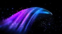 Glowing cosmic wave with vibrant purple and blue light trails against dark background, sparkling particles creating dynamic motion effect for space designs.