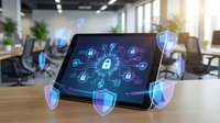 Laptop displaying digital security network with glowing padlock icons and shield symbols on desk in modern office environment for cybersecurity and data protection concepts.