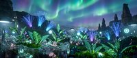 Alien planet landscape with bioluminescent plants and aurora sky. Fantasy extraterrestrial world with glowing vegetation and northern lights for sci-fi concepts.