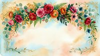 Vibrant floral border arrangement with roses, ranunculus, and greenery on soft watercolor background, perfect for wedding invitations and greeting cards.