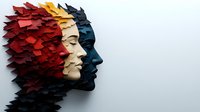 Layered paper profiles showing multiple faces in different colors - red, yellow, and blue - emerging from one another against white background, representing mental states.