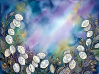 Watercolor floral frame with white blooms and botanical elements on gradient background in purple, blue, and yellow tones. Suitable for invitations, greeting cards, and design projects.