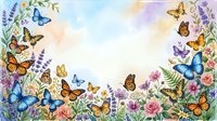 Watercolor spring garden frame with colorful butterflies, wildflowers, roses and lavender on pastel background for greeting cards and invitations.